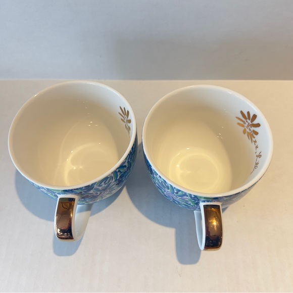 Lilly Pulitzer Coffee Tea Mugs “Lion Around" Blue Floral Gold Trim Cups Set 2 - Picture 6 of 8